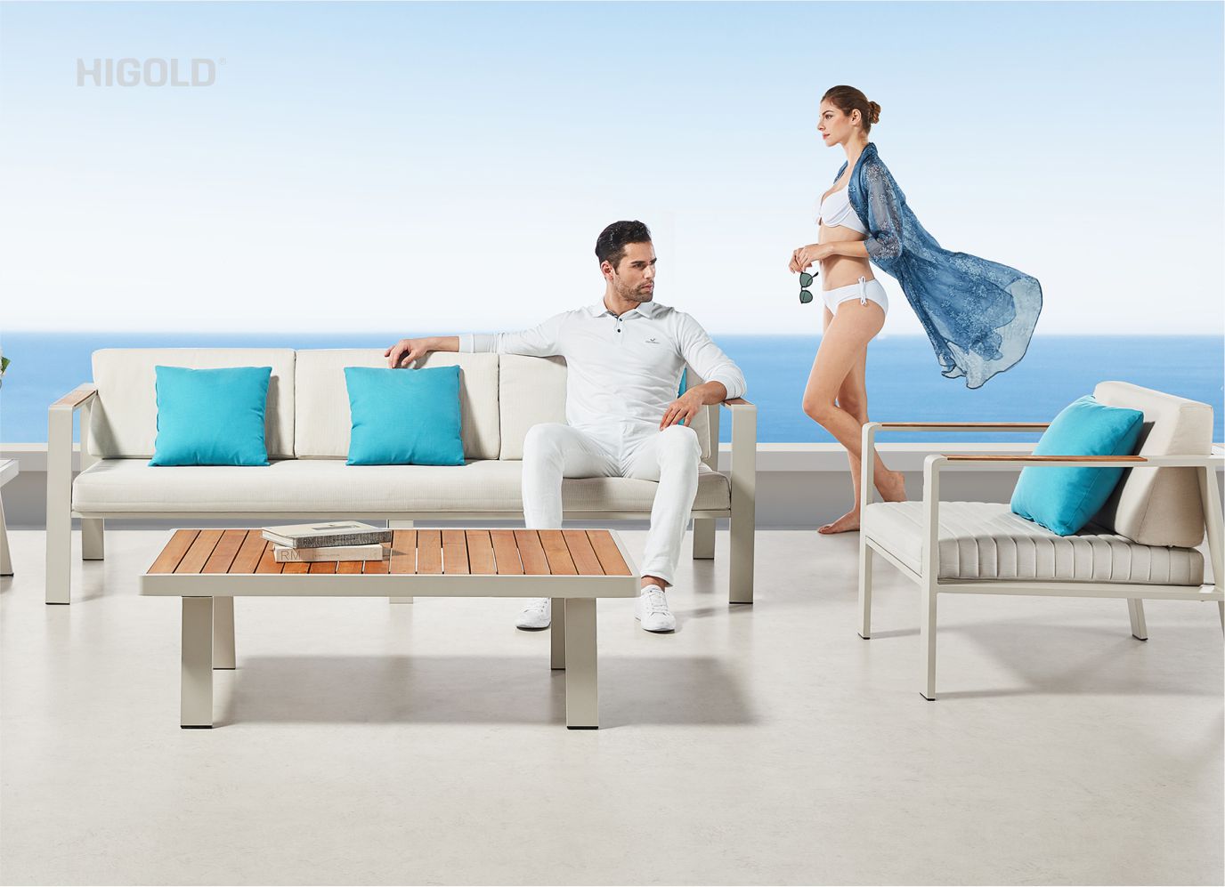 Nofi outdoor sectional sofa for 6 white aluminum